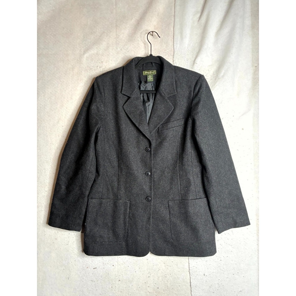 Eddie Bauer Blazer Jacket Womens M Gray Wool Blend Notch Lapel Single Breasted